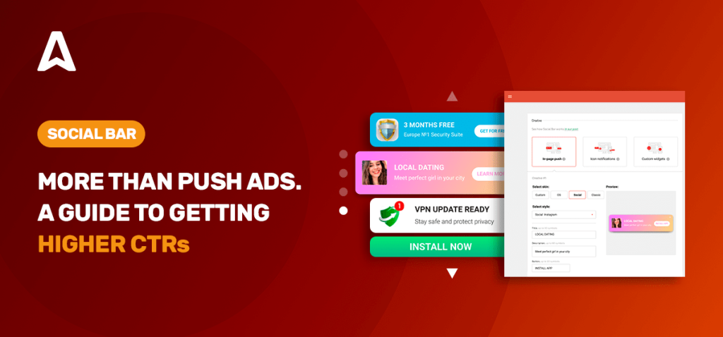 Adsterra offers various ad formats including popunder ads, in-page push ads, display banners, native advertising, and social bar review