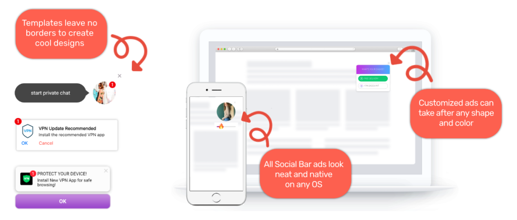 Adsterra offers various ad formats including popunder ads, in-page push ads, display banners, native advertising, and social bar review